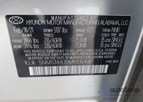 2021 Hyundai Santa Fe Sel z USA, uszkodzony, nr VIN 5NMS34AJ0MH336414